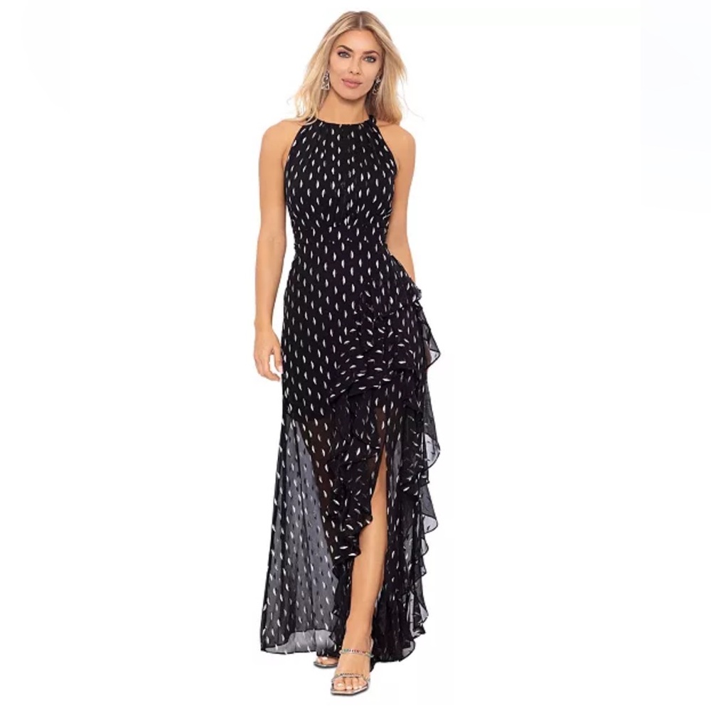 Metallic Clip Dot Ruffle Halter Dress - Black & Gold with Tiered Ruffles